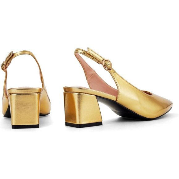 Women Slingback Gold Toe Block Heel Pumps Low Heel Office Wedding Dress Shoes - Picture 4 of 7